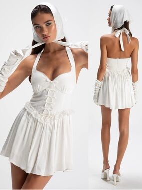 Nana Jacqueline Allie Jacquard Halterneck Mini Dress White